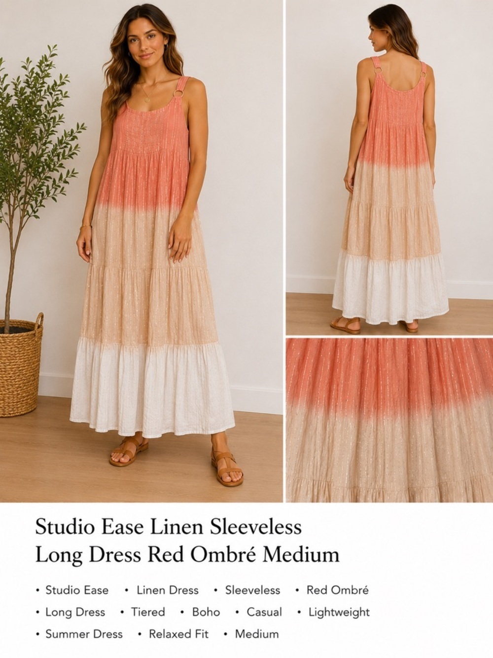 Linda Anderson Coral Ombre Tiered Cottonblend MidMax Shimmer Boho Beachy Coastal